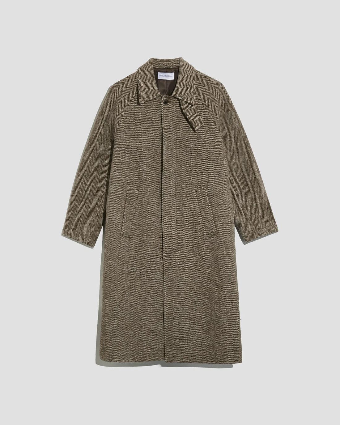 The Fairly Normal raglan top coat in brown herringbone.
