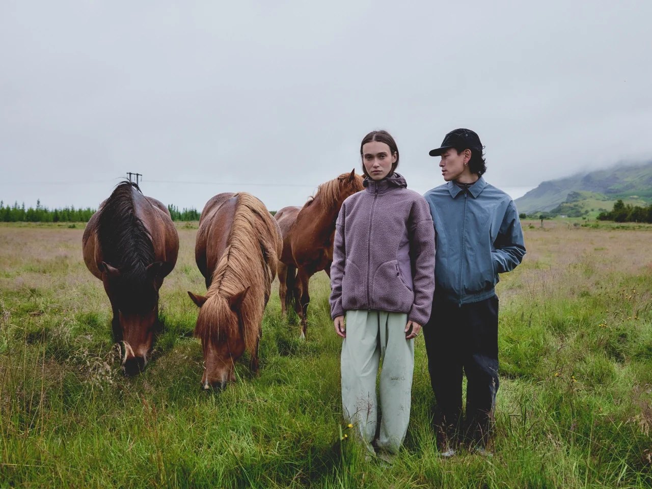 Two people in a field beside three horses, one in a lilac fleece, one in a blue jacket and black cap.